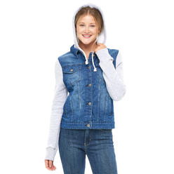 SkylineWears Ladies Denim Jean Jacket With Hood Hoodie/Sweatshirt Sleeves Women's Vest Coat