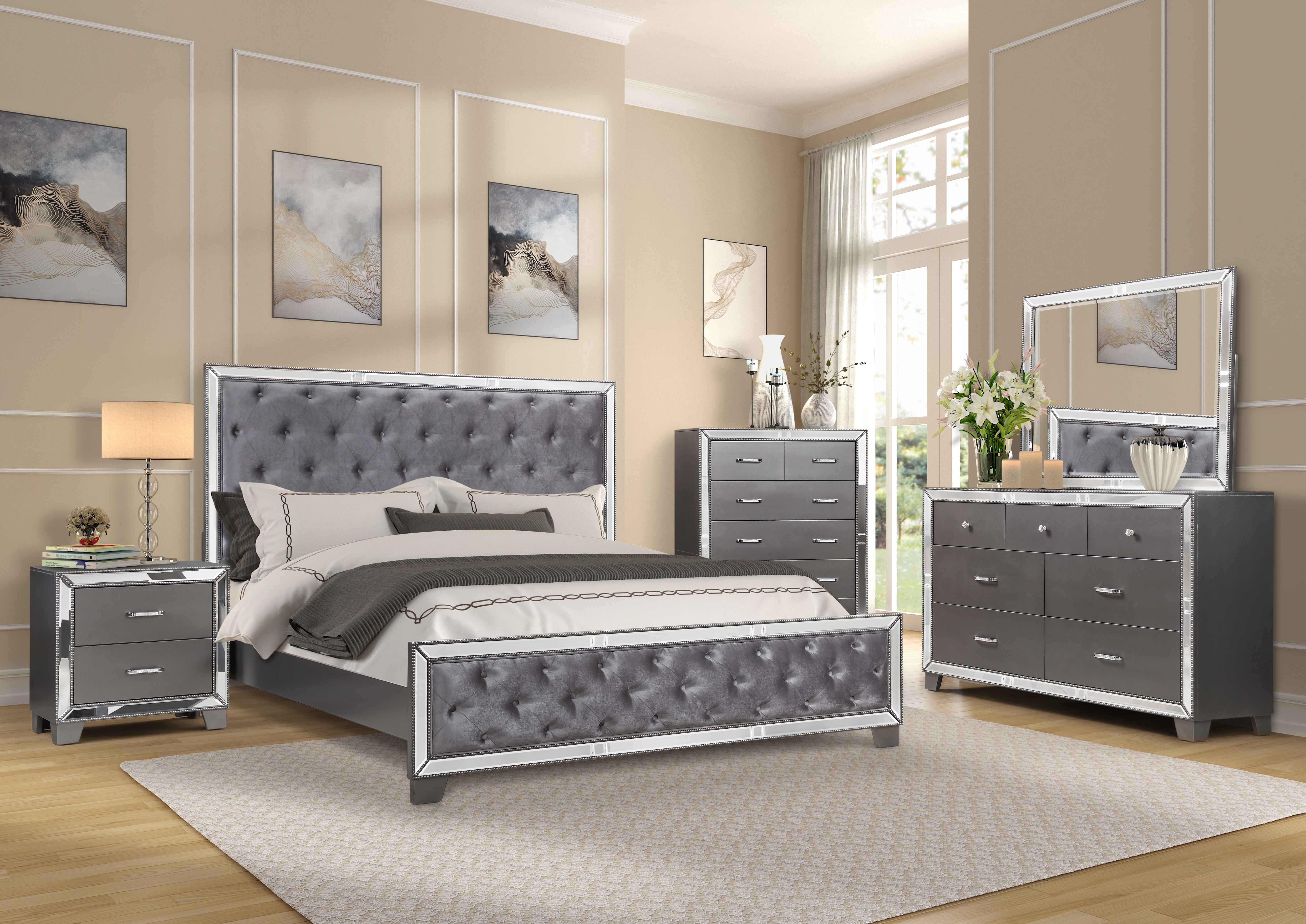 Best Master Furniture Beronica Tufted Dark Grey Mirrored 5-piece King Set