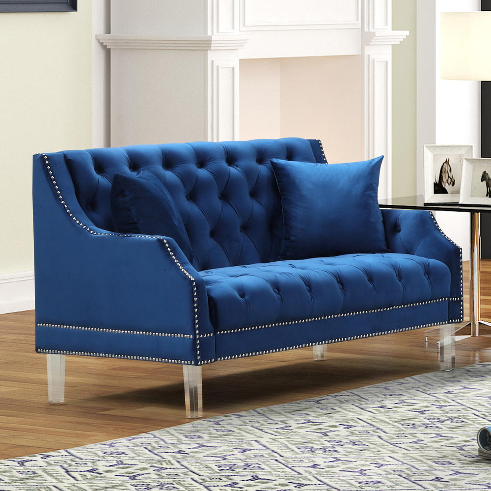 Best Master Furniture Fern Tufted Velvet Upholstered Loveseat, Navy Blue