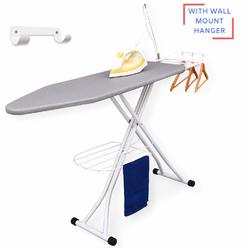Xabitat Deluxe Ironing Board with Wall Mount Storage, Storage Tray for Finished Clothes, Wire Rack for Hanging - Grey / Blue