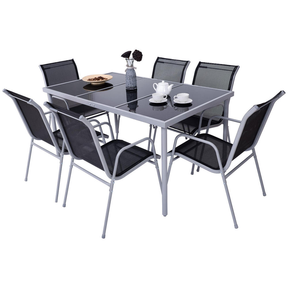 Gymax 7 Piece Steel Table Chairs Dining Set Outdoor Patio Furniture