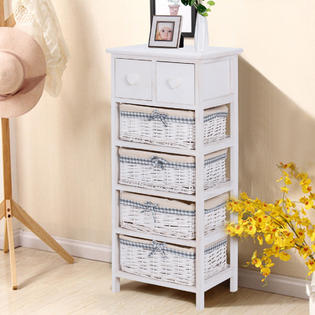 Gymax Nightstand Bedside End Table Organizer 4 Wicker Baskets
