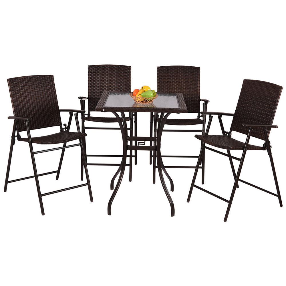 Gymax 5PC Rattan Patio Furniture Set Garden 4 Bar Stool Folding Chair + Bar Table With Glass Top New