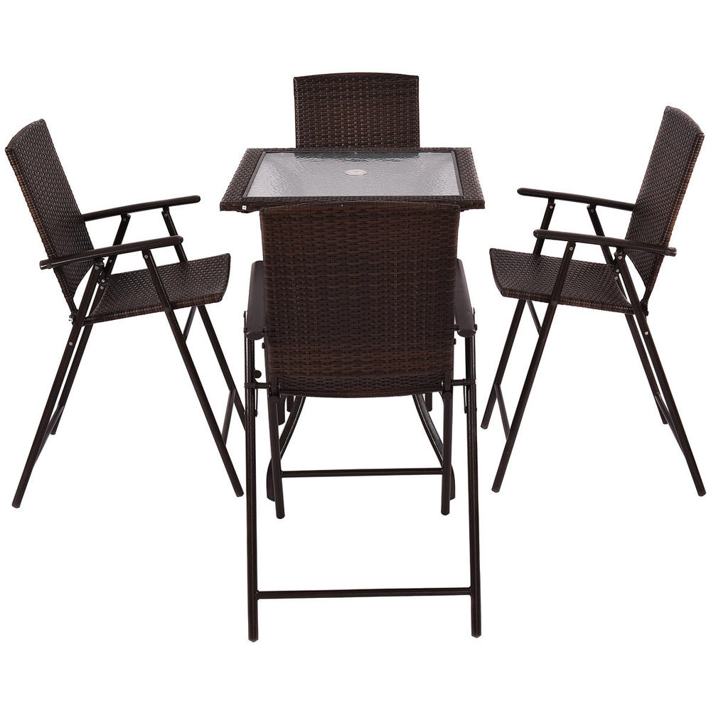 Gymax 5PC Rattan Patio Furniture Set Garden 4 Bar Stool Folding Chair + Bar Table With Glass Top New