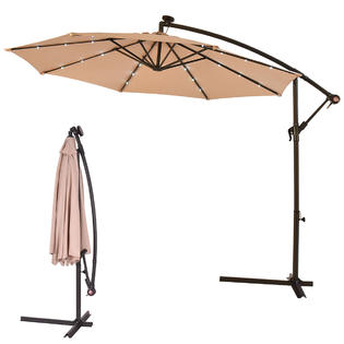 Gymax Gys00326 10 Patio Umbrella Hanging Solar Led Sun Shade Market Umbrella With Base Beige