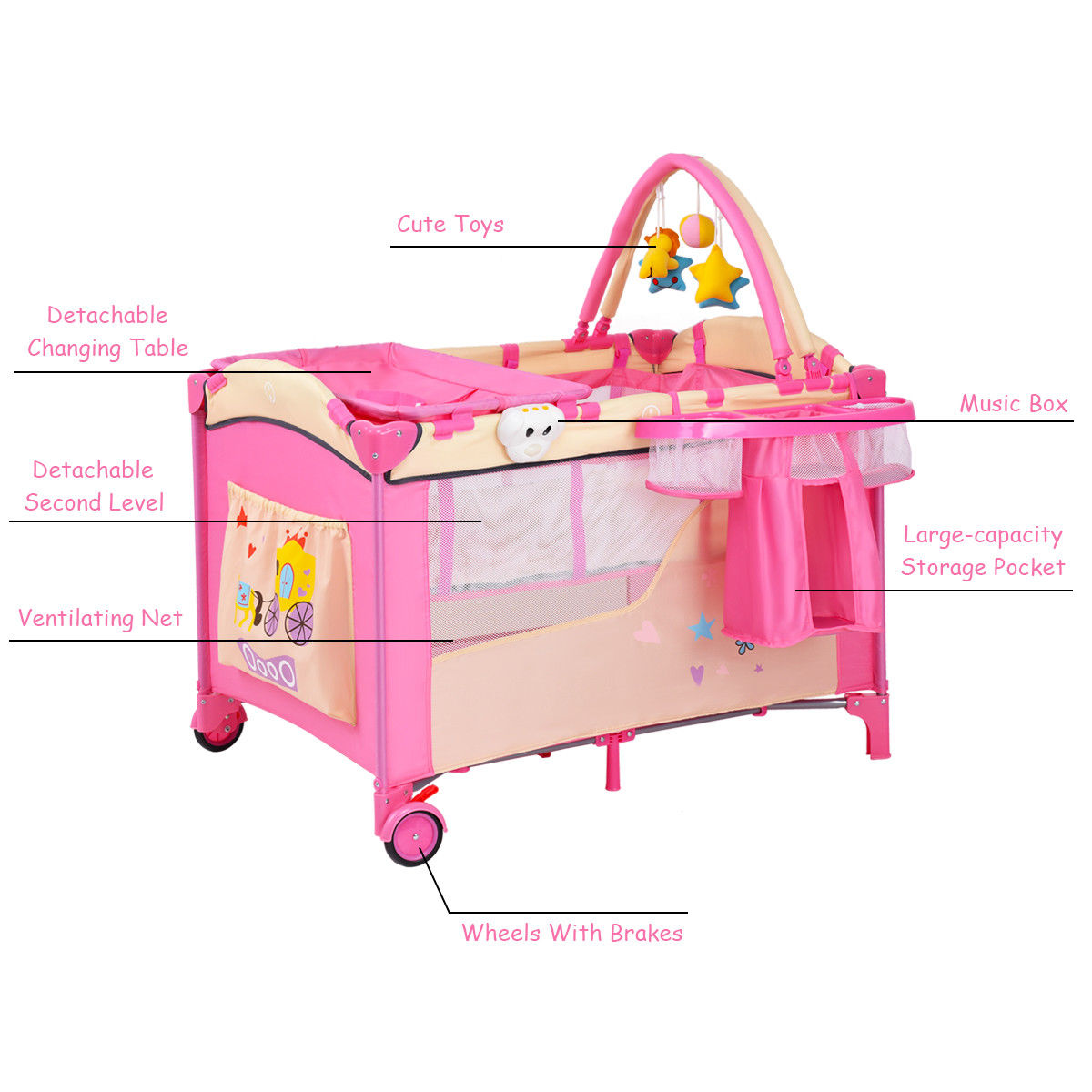 pink playpen with bassinet