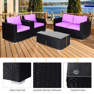 Gymax Gys00440 4pc Rattan Patio Furniture Set Outdoor Garden Wicker With Purple Cushion