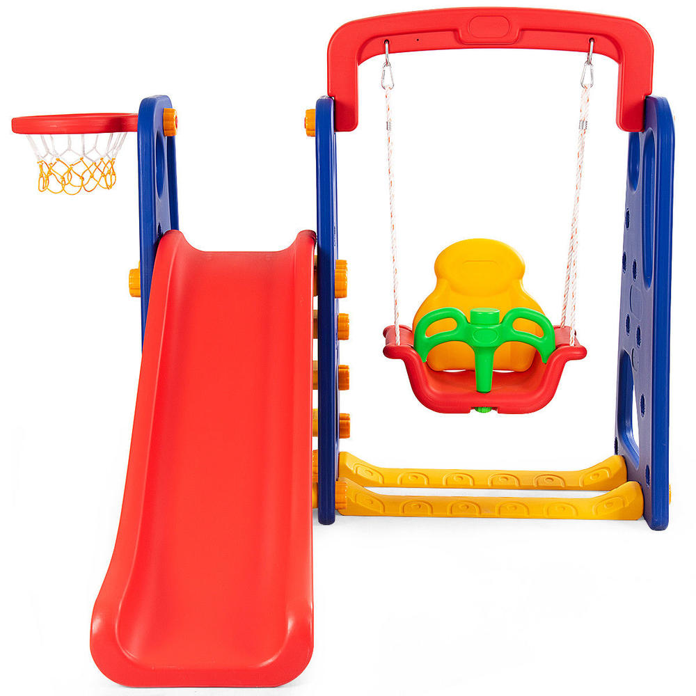 Gymax 3 in 1 Junior Children Climber Slide Swing Seat Basketball Hoop Playset Backyard