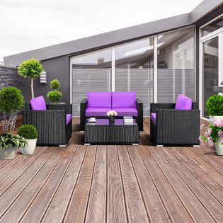 Gymax Gys00440 4pc Rattan Patio Furniture Set Outdoor Garden Wicker With Purple Cushion