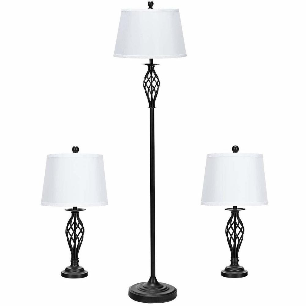 Gymax 3-Piece Lamp Set 2 Table Lamps 1 Floor Lamp  with Soft Pleated White Fabric Shades Living Room Bedroom