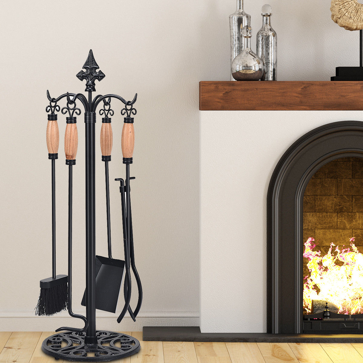 5 Pcs Iron Fireplace Tools Set Stand Hearth Accessories