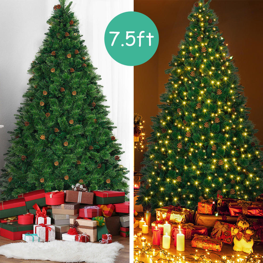 Gymax 7.5ft Pre-lit Artificial Christmas Tree Auto-Spread & Close up w/Pine Cones 750 LED Lights and Solid Metal Stand