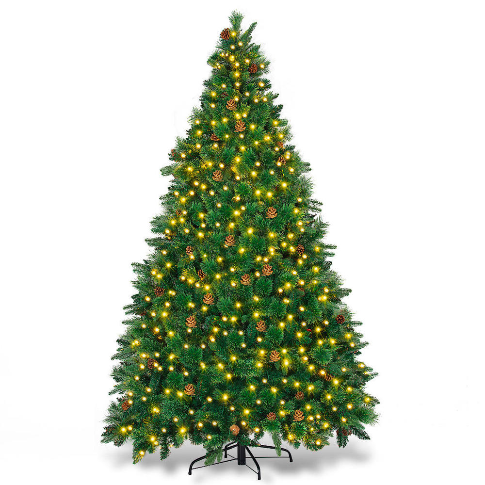 Gymax 7.5ft Pre-lit Artificial Christmas Tree Auto-Spread & Close up w/Pine Cones 750 LED Lights and Solid Metal Stand