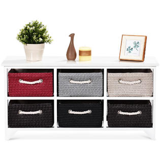 Gymax Wicker Basket Storage Unit Chest Wooden Frame 6 Drawer