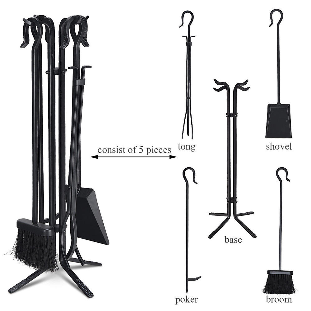 Gymax 5 Pieces Fireplace Tools Set Iron Fire Place Tool set Stand Hearth Accessories