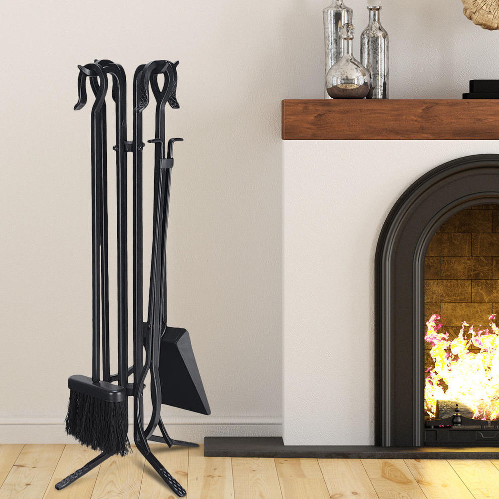 Gymax 5 Pieces Fireplace Tools Set Iron Fire Place Tool set Stand Hearth Accessories