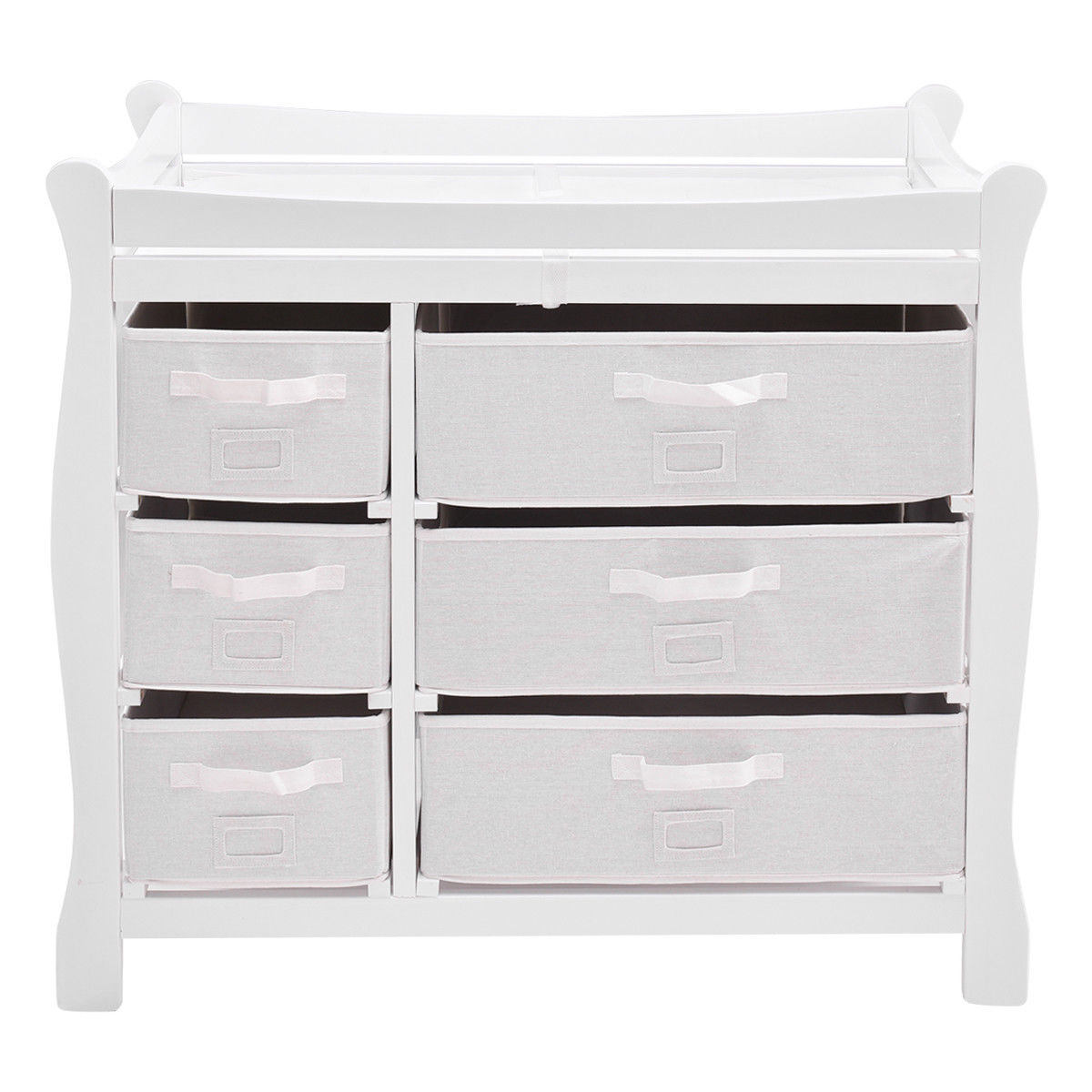 sleigh style baby changing table with 6 storage baskets and pad