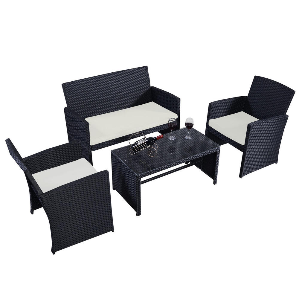 Gymax 4PCS Black Furniture Set Chairs Coffee Table Patio Garden Set Cushions New