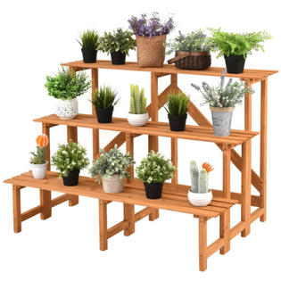 Gymax Gys02099 3 Tier Wide Wood Plant Stand Display Rack Shelves Flower Pot Holder Step Ladder