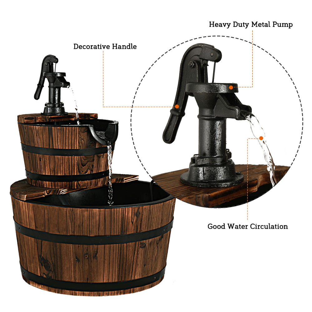 Gymax 2 Tier Barrel Waterfall Fountain Barrel Wooden Water Fountain Pump Outdoor Garden