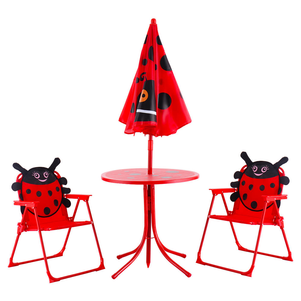 Gymax Kids Patio Set Table And 2 Folding Chairs w/ Umbrella Beetle Outdoor Garden Yard
