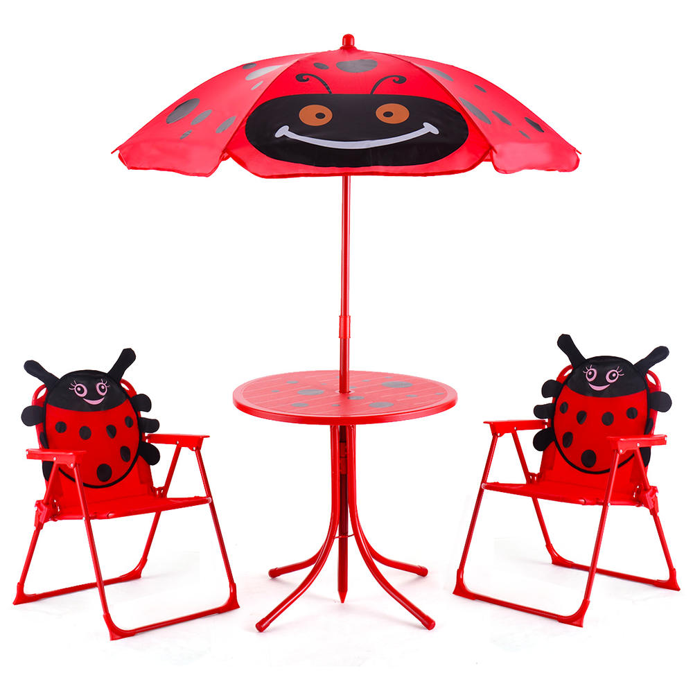 Gymax Kids Patio Set Table And 2 Folding Chairs w/ Umbrella Beetle Outdoor Garden Yard