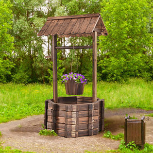 Gymax Gys00359 Outdoor Wooden Wishing Well Bucket Flower Plants Planter Patio Garden Home Decor
