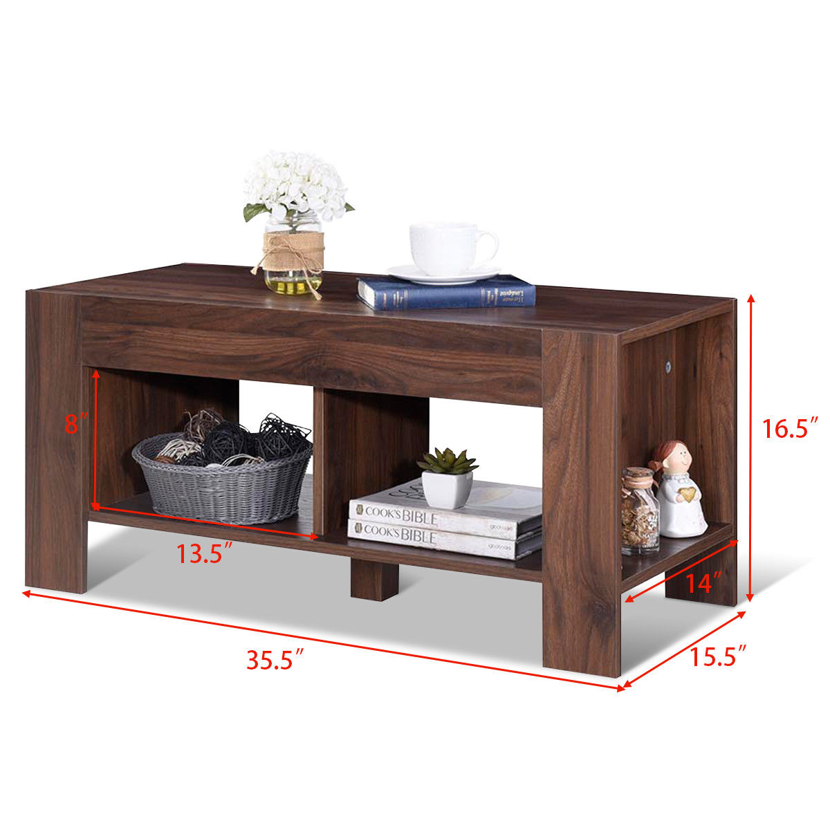 Gymax Minimalist Style Tea Table With Open Storage Spaces Walnut Wood Grain Table