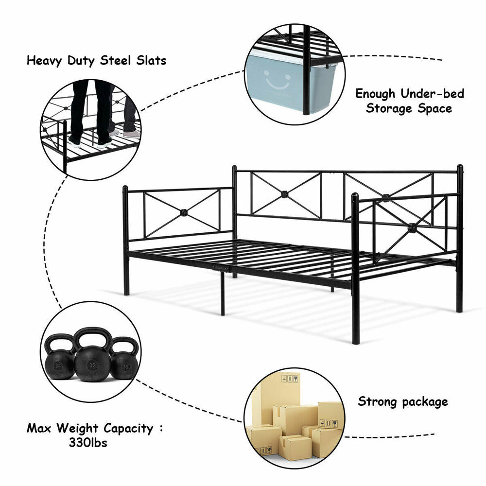 Gymax Metal Daybed Twin Bed Frame Stable Steel Slats Platform Base Bed Sofa LivingRoom