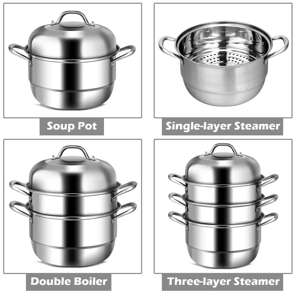 Gymax 3 Tier 11 Inch Stainless Steel Steamer Set Cookware Pot Saucepot Double Boiler