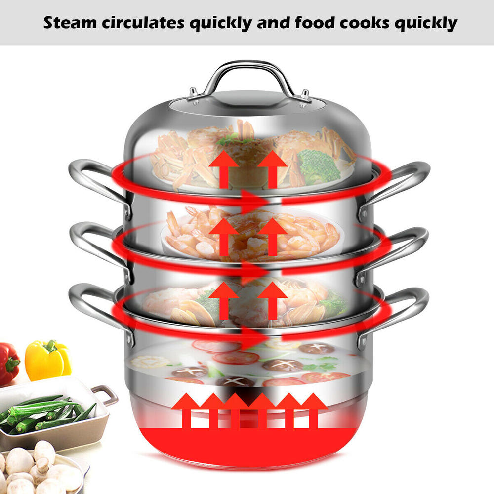 Gymax 3 Tier 11 Inch Stainless Steel Steamer Set Cookware Pot Saucepot Double Boiler