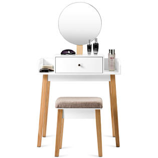 Generic Wooden Vanity Makeup Dressing Table Round Mirror Cushioned Stool With 1 Drawer