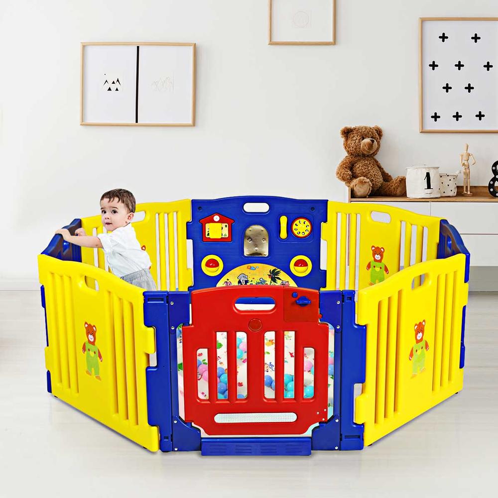 Gymax Baby Playpen Safety Play Yard Fence Activity Centre Kids 8 Panel with Gate Door