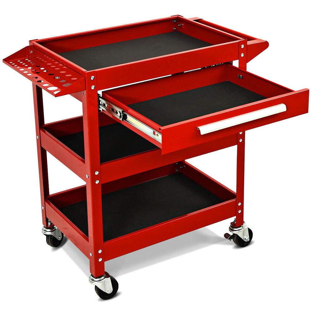 Gymax Tool Cart 3-Tray Rolling Tool Organizer With Drawer Industrial Storage Dollies