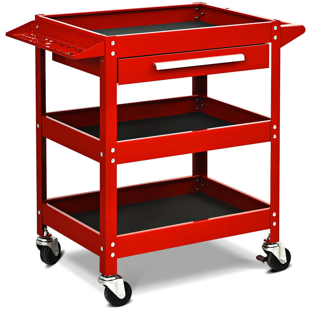 Gymax Tool Cart 3-Tray Rolling Tool Organizer With Drawer Industrial Storage Dollies