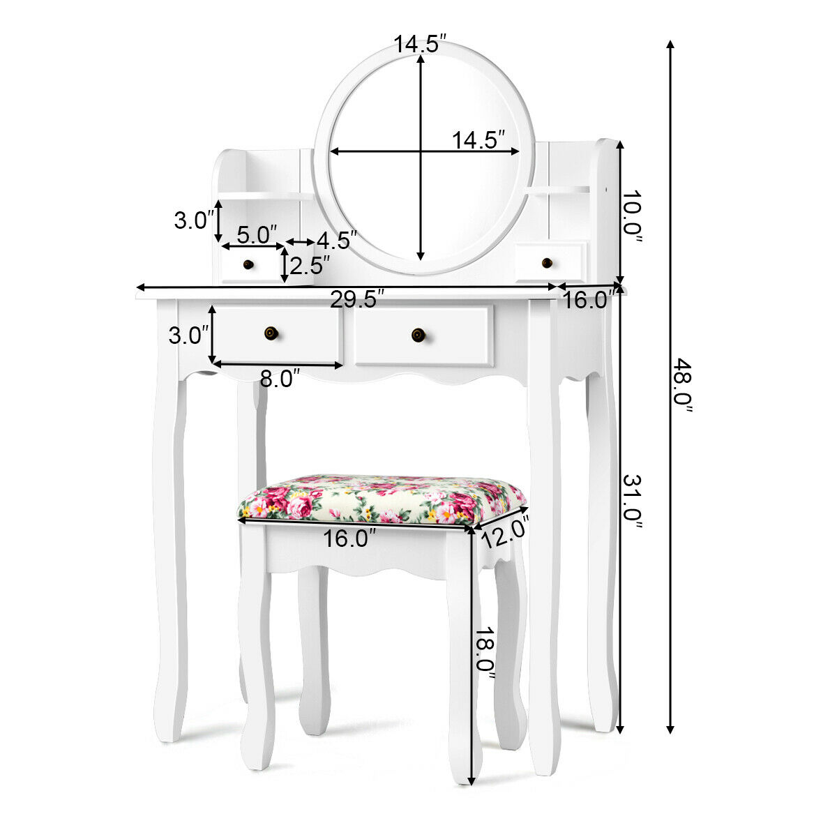 Gymax Makeup Vanity Table Set W Drawers Oval Mirror Girls Dressing