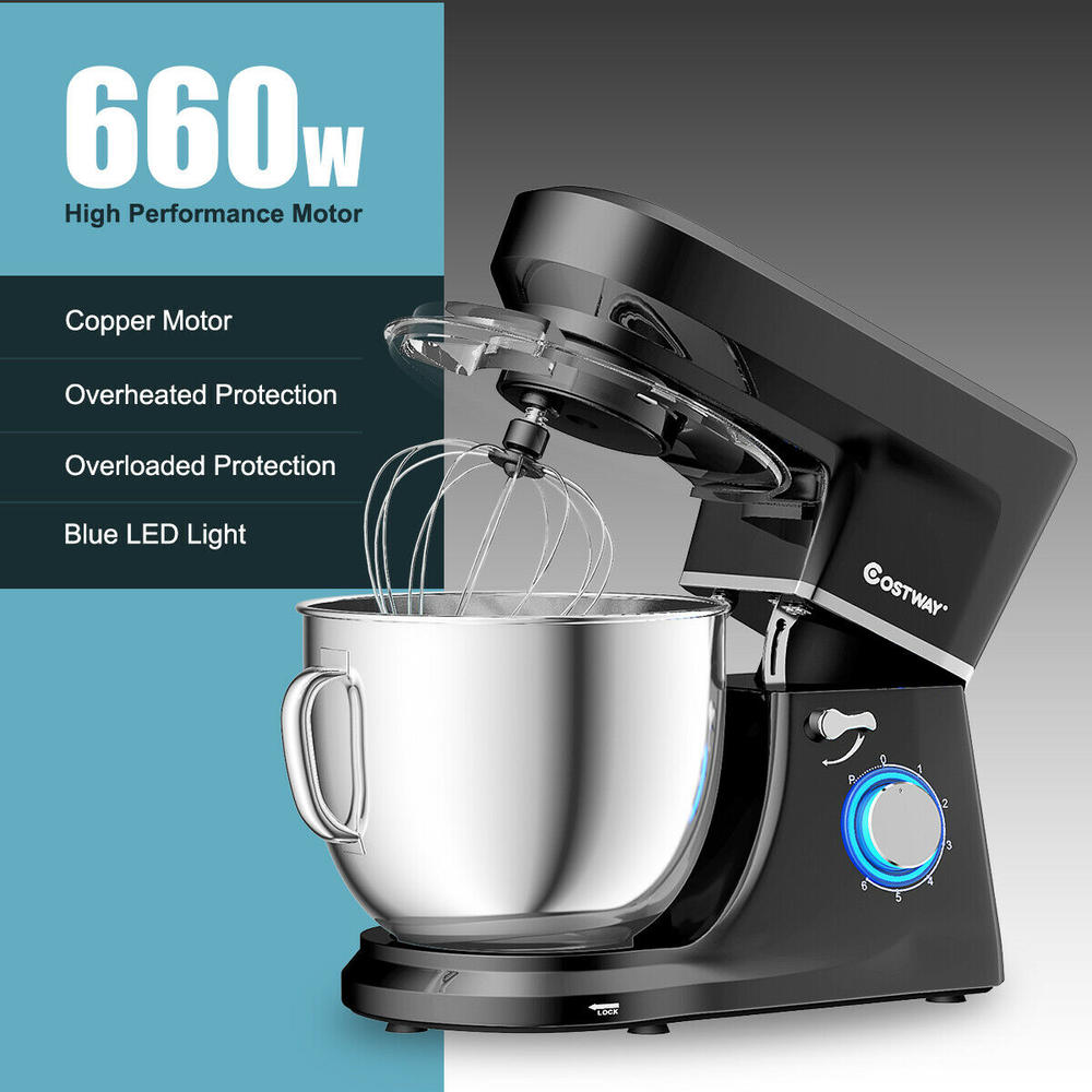 Gymax Tilt-Head Stand Mixer 7.5-Quart 660W 6-Speed Electric Stainless Steel Bowl Black