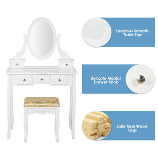 Gymax Vanity Table Set Dressing Table Set W 5 Drawer Make Up Table And Stool Set White