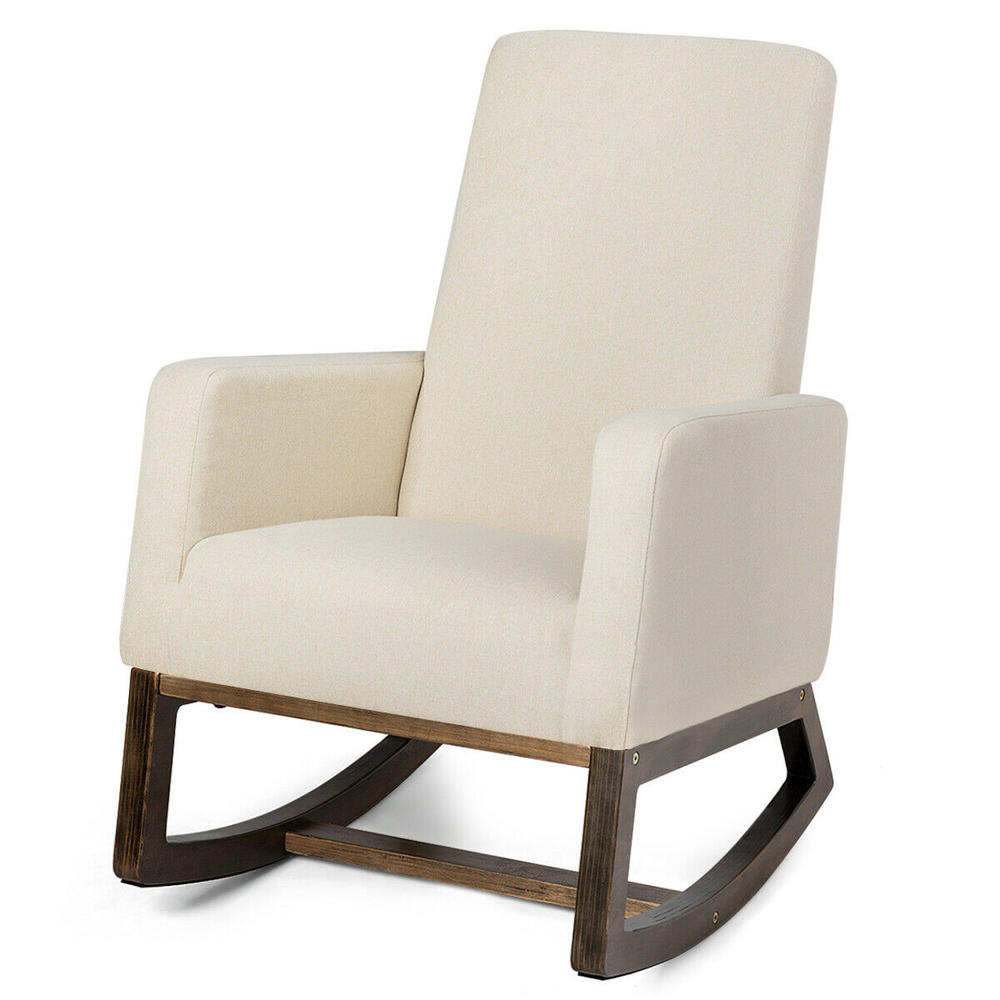 Gymax Mid Century Rocking Chair Comfortable Rocker Modern High Back Armchair Beige