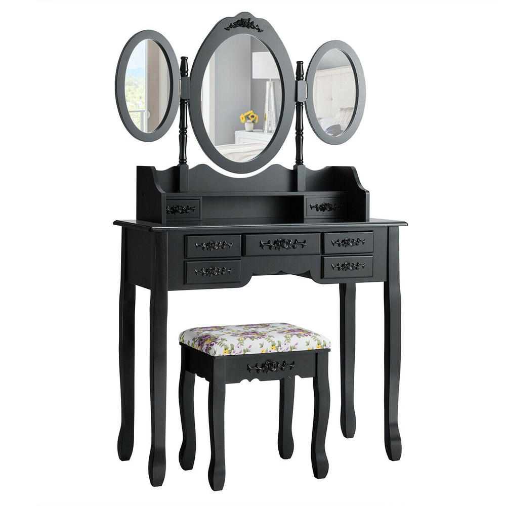 Gymax Vanity Makeup Set W/7 Drawer Tri-Folding Mirror Dressing Table & Stool Set Black