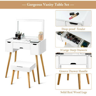 Gymax Vanity Set W 3 Drawers Large Mirror Makeup Dressing Table