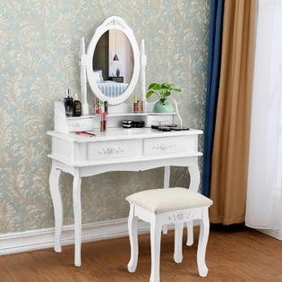 Gymax White Vanity Makeup Dressing Table Set Mirror Jewelry