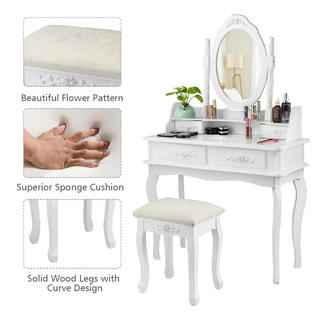 Gymax White Vanity Makeup Dressing Table Set Mirror Jewelry