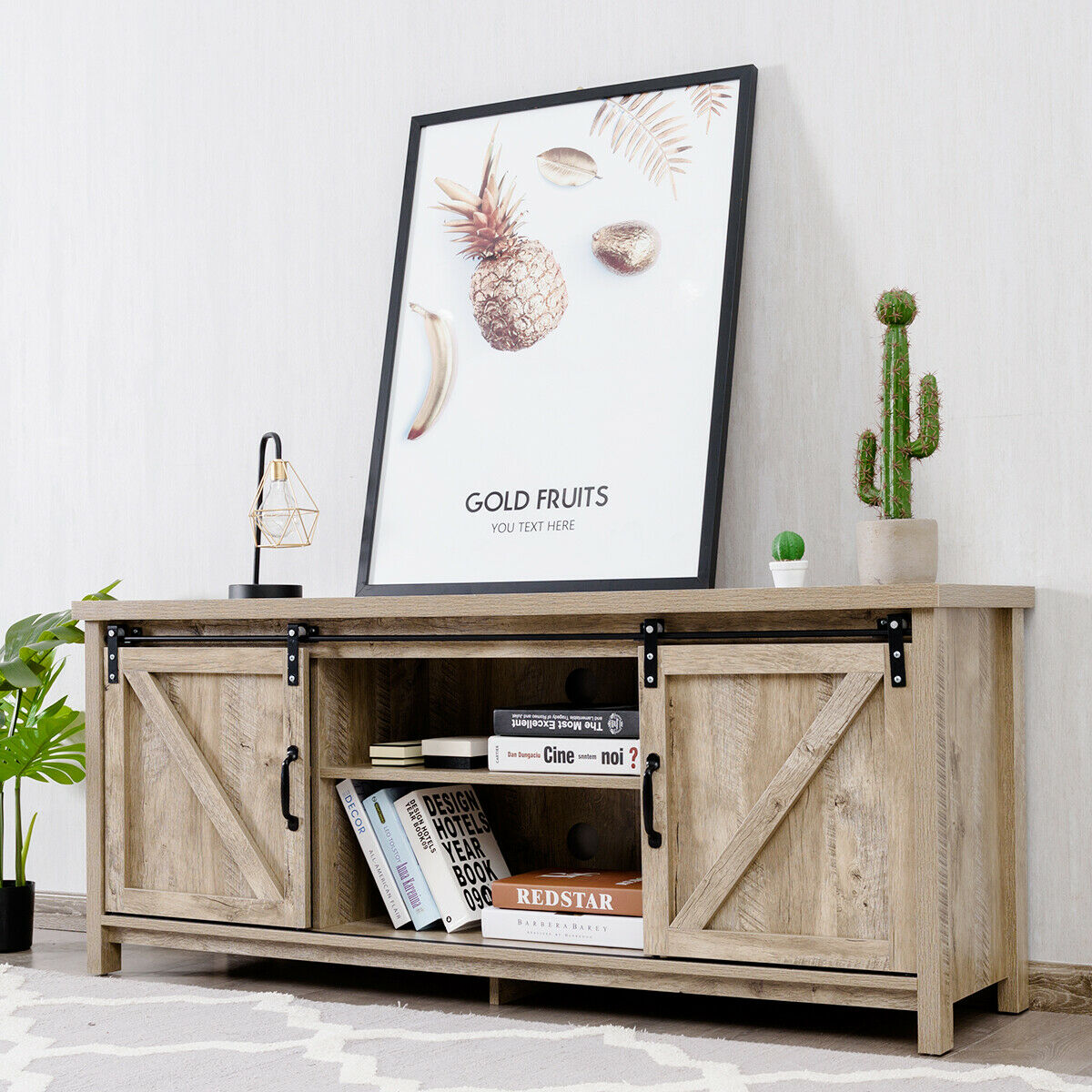Gymax Tv Stand Media Center Console Cabinet Sliding Barn Door For