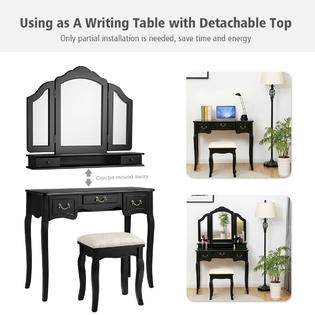 Gymax Elegant Vanity Table Set Tri Folding Mirror Dressing Table