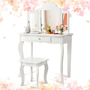 Gymax Vanity Table Set Makeup Dressing Table Kids Girls Stool Mirror