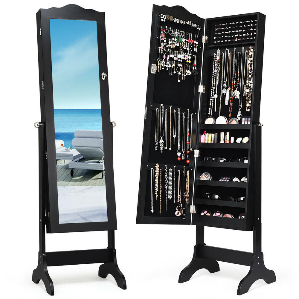 Gymax Mirrored Lockable Jewelry Cabinet Armoire Organizer Storage Box w/ Stand New