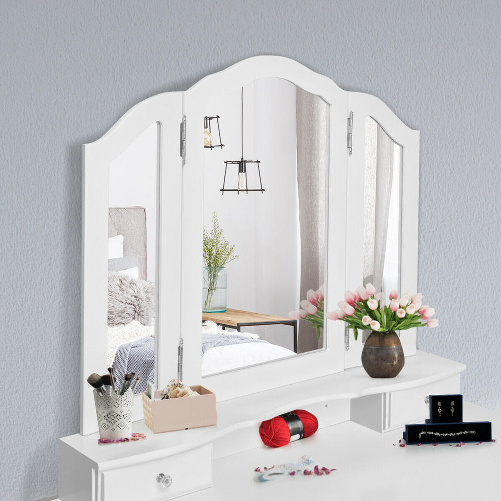 Gymax White Tri Folding Mirror Vanity Makeup Table Stool Set Home Desk With 4 Drawers New