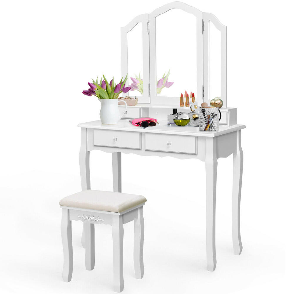 Gymax White Tri Folding Mirror Vanity Makeup Table Stool Set Home Desk With 4 Drawers New