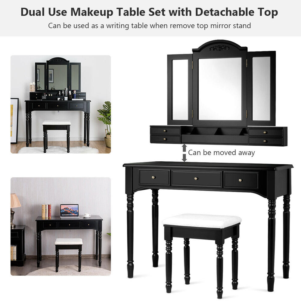 Gymax Vanity Set W/7 Drawers Tri-Folding Necklace Hooked Mirror Dressing Table Black